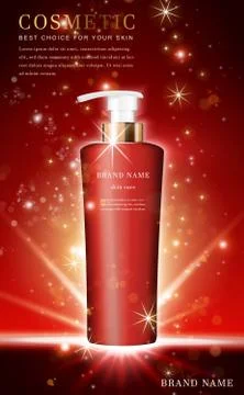 Vector 3D cosmetic make up illustration product shampoo bottle with shiny red Stock Illustration