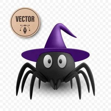 Vector 3d Cute Halloween Spider Wearing Witch Hat, Cartoon Vector Illustration Stock Illustration