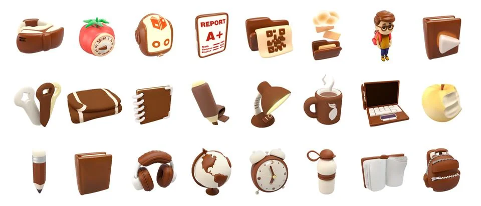 Vector 3D education mega icon set chocolate brown clay icons Stock Illustration
