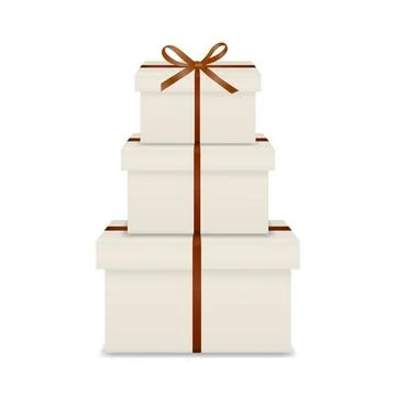 Vector 3d Elegant Cream Gift Boxes Stack with Brown Ribbon Bow, Isolated Stock Illustration