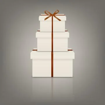 Vector 3d Elegant Cream Gift Boxes Stack with Brown Ribbon Bow. Minimalist Illustrazione stock