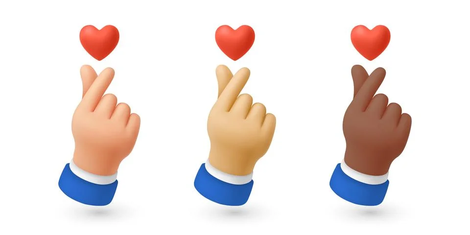 Vector 3d Finger Heart Hand Gesture Set. Korean Finger Heart Illustration Stock Illustration