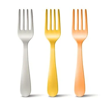 Vector 3d Fork Set Isolated on White. Realistic Silver, Gold and Copper Fork Stock Illustration