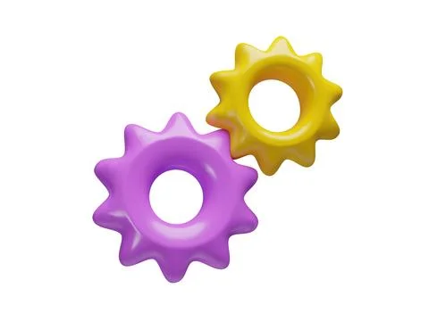 Vector 3D gear mechanism icon with purple and yellow cog. 스톡 일러스트