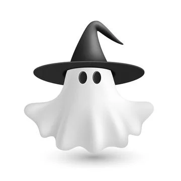 Vector 3d Ghost with Witch Hat. Cute Simple White Ghost Vector Illustration Ilustração Stock