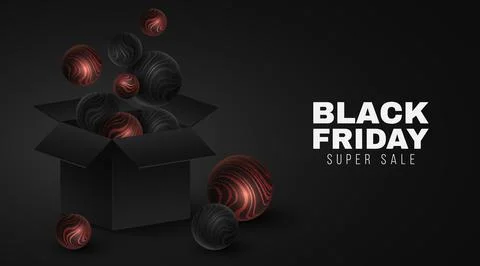 Vector 3d gift open box and spheres with red glittering wavy striped pattern  Stock Illustration