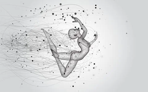 Vector 3d girl from dots and splines, among wavy threads and circles Illustrazione stock