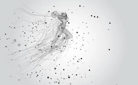 Vector 3d girl from dots and splines, among wavy threads and circles Illustrazione stock