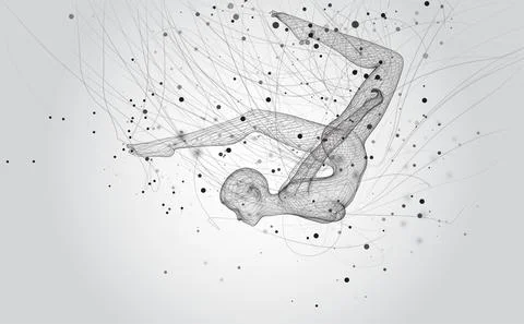 Vector 3d girl from dots and splines, among wavy threads and circles Illustrazione stock