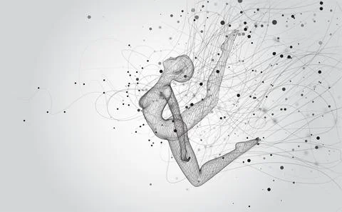 Vector 3d girl from dots and splines, among wavy threads and circles Illustrazione stock