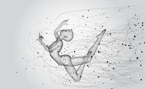 Vector 3d girl from dots and splines, among wavy threads and circles Illustrazione stock