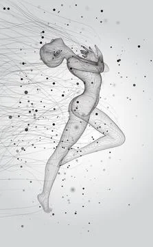 Vector 3d girl from dots and splines, among wavy threads and circles Stock Illustration