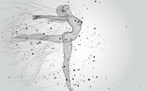 Vector 3d girl from dots and splines, among wavy threads and circles Illustrazione stock