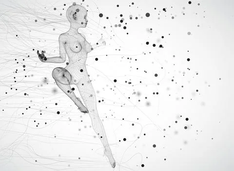 Vector 3d girl from dots and splines, among wavy threads and circles Illustrazione stock