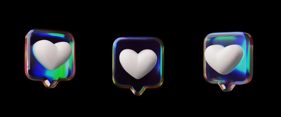 Vector 3D Glass Holographic Bubbles Set with White Heart from Different Sides. Stock Illustration