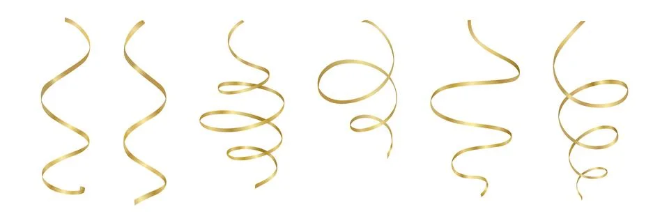 Vector 3d Gold Ribbon Curl Set, Isolated. Metallic Gold Ribbon Streamers for Stock Illustration