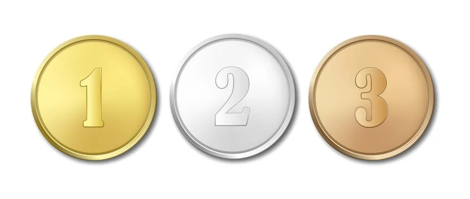 Vector 3d Gold, Silver and Bronze Winner Medals with Numbers 1 2 3. Realistic Stock Illustration