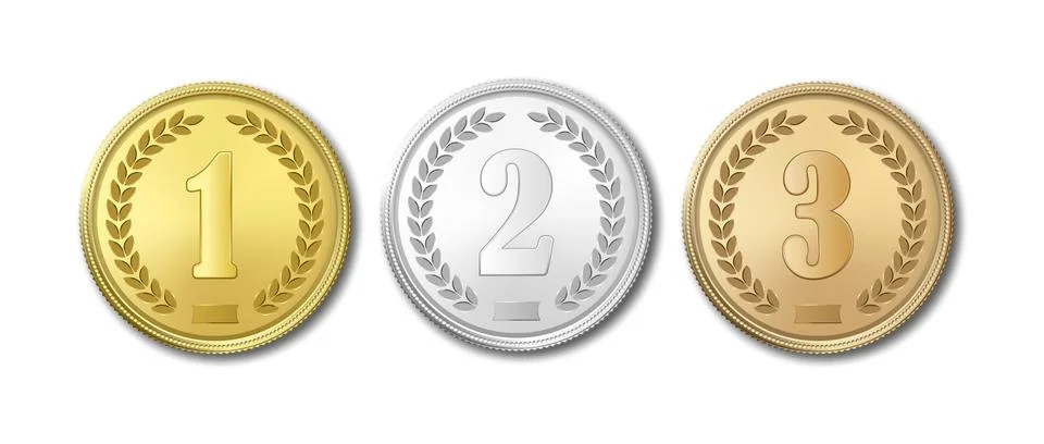 Vector 3d Gold, Silver and Bronze Winner Medals with Numbers. Realistic Award Stock Illustration