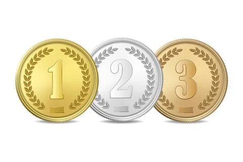 Vector 3d Gold Silver Bronze Medal Set. 1st 2nd 3rd Place Award. Medal for Stock Illustration
