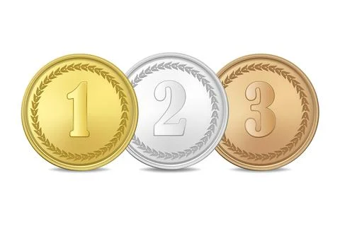 Vector 3d Gold Silver Bronze Medal Set, Isolated. 1st 2nd 3rd Place Award. Medal Stock Illustration