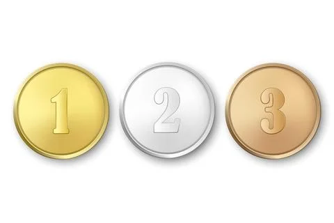 Vector 3d Gold Silver Bronze Medal Set, Isolated, Top View. 1st 2nd 3rd Place Stock Illustration