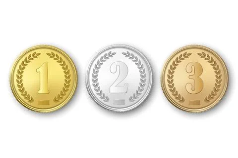 Vector 3d Gold Silver Bronze Medal Set, Isolated, Top View. 1st 2nd 3rd Place Stock Illustration