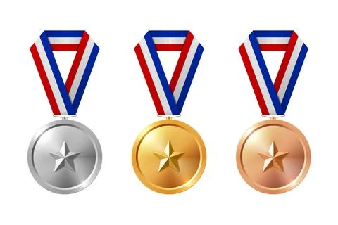 Vector 3d Gold, Silver, Bronze Medal Set. Award Medals for Sport. Medal Icon Stock Illustration