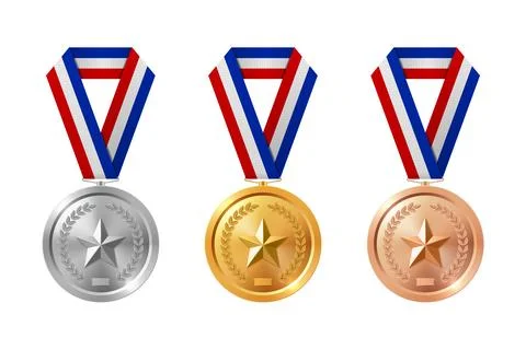 Vector 3d Gold, Silver, Bronze Medal Set. Award Medals for Sport. Medal Icon Stock Illustration