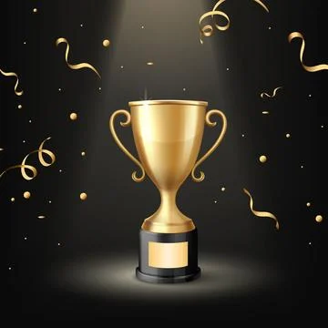 Vector 3d Golden Trophy Cup Award on Black Background with Confetti. Winner Stock Illustration