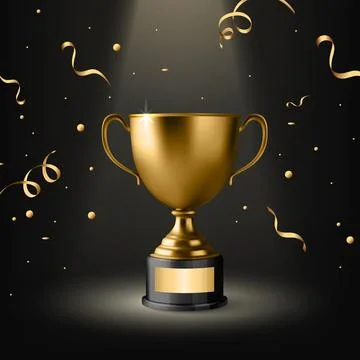 Vector 3d Golden Trophy Cup Award on Black Background with Confetti. Winner Stock Illustration