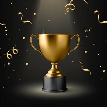 Vector 3d Golden Trophy Cup Award on Black Background with Confetti. Winner Stock Illustration