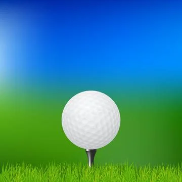 Vector 3d Golf Ball on Tee on Blue Sky and Green Grass Background. Realistic Stock Illustration