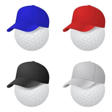 Vector 3d Golf Cap Set with White Golf Balls. Sport Baseball Hat Collection for イラスト素材