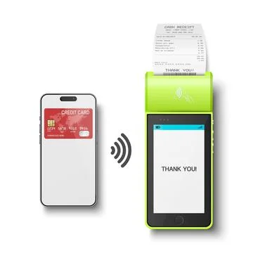 Vector 3d Green NFC Payment Terminal with Smartphone Closeup. Approved Payment Stock Illustration