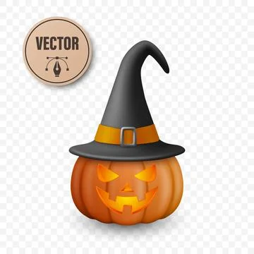 Vector 3d Halloween Pumpkin Jack O Lantern with Witch Hat Icon. Spooky Halloween Stock Illustration