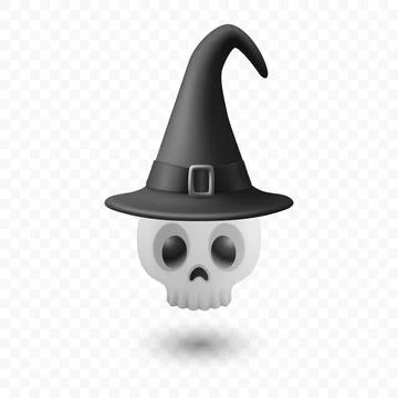 Vector 3d Halloween Skull in Black Witch Hat. Floating Halloween Skull. Cut.. Stock-Illustration