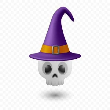 Vector 3d Halloween Skull in Purple Witch Hat. Floating Halloween Skull. Cu.. Stock-Illustration
