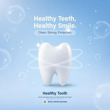 Vector 3d Healthy Teeth Poster. Tooth Dental Care Banner with Blue Bubbles. O Stock Illustration