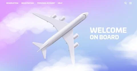 Vector 3d illustration of airplane in the clouds and gradient sky, top view. Stock Illustration