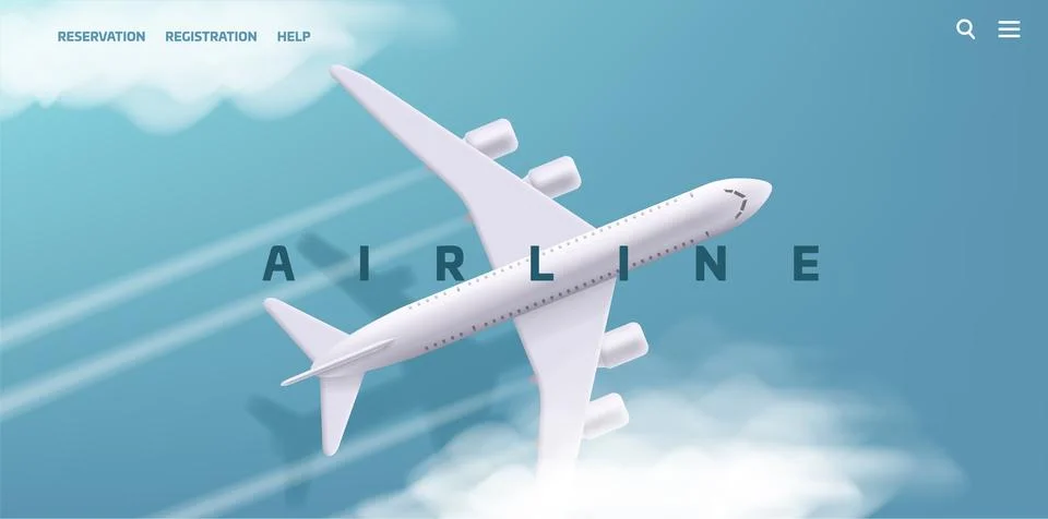 Vector 3d illustration of airplane in the clouds top view. Booking service .. Illustrazione stock