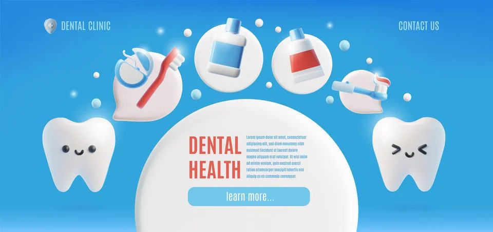 Vector 3d illustration of banner with teeth and teeth cleaning tools. Stock Illustration