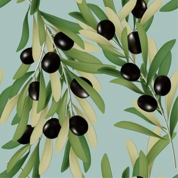 Vector 3D Illustration Black Olive with Leaves Seamless Pattern Stock Illustration