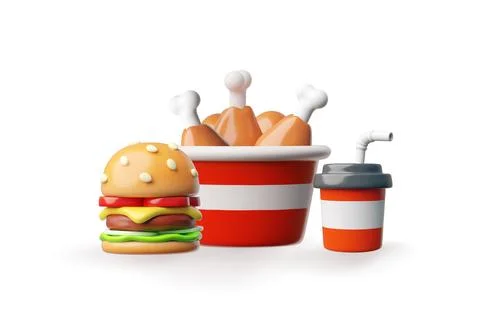 Vector 3d illustration with burger, chicken legs in bucket and glass of sod.. Stock Illustration