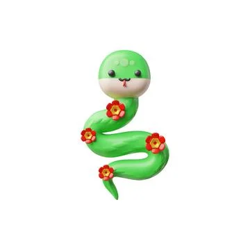 Vector 3d illustration of cartoon green snake decorated with red flowers. Illustrazione stock