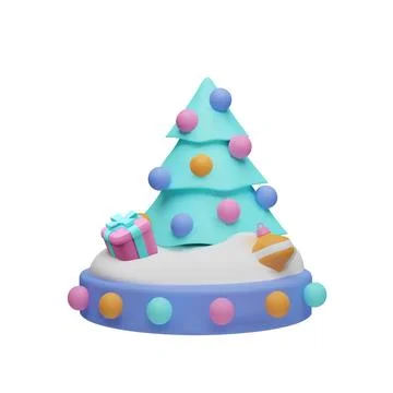 Vector 3D illustration of a Christmas tree on a stand with snow and gifts. Stock Illustration