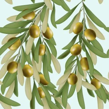 Vector 3D Illustration Green Olive with Leaves Seamless Pattern Stock Illustration