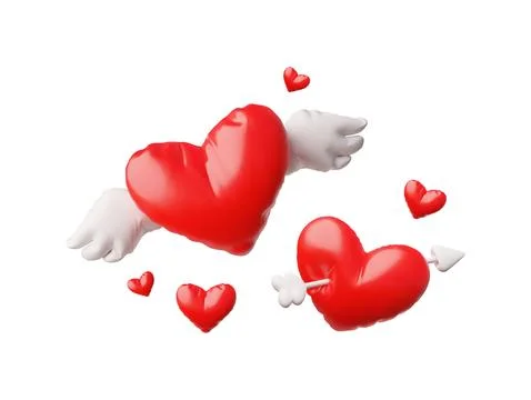 Vector 3D illustration of red hearts with an arrow and wings, surrounded by.. Ilustración de archivo
