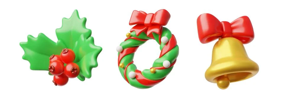 Vector 3d illustration of set with holly berries, Christmas wreath and golden Stockillustratie