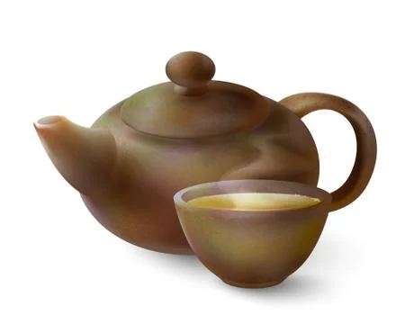 Vector 3d illustration of a tea in brown ware. Clay teapot and cup of hot tea Stock Illustration