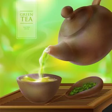 Vector 3d illustration of a tea ceremony. From the kettle filled with hot cup Stock Illustration